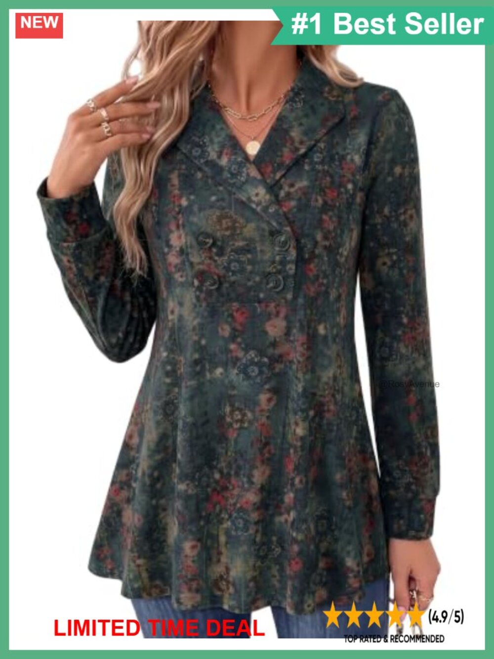 Womens Long Sleeve V Neck Button Tunic Sweatshirt Pullover Top